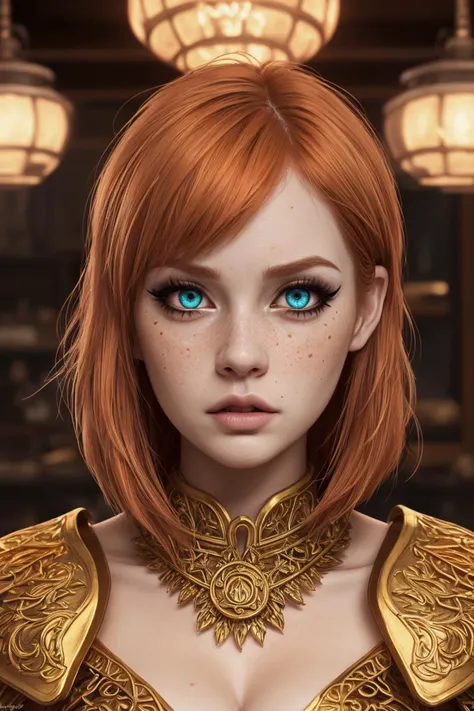 game icon institute, game icon, 1 girl, (big breasts, cleavage), (Cartoon style), (Detailed big eyes), (Detailed face), (extremely detailed, intricate details, highres), solo, standing, upper body, orange hair, bob cut hairstyle, bangs, pale skin, blue eyes, angry face, blush, [freckles], eyeliner, eyeshadow, eyelashes, Smoky eye makeup, armor, full armor, gold intricate details, (fur trim), (cinematic lighting, perfect lighting), (vivid colors), looking at viewer, parallel to the camera, close-up, tavern background, indoors, high contrast  <lora:game icon institute_kuijia_v1:0.8> <lora:realistic:0.2>