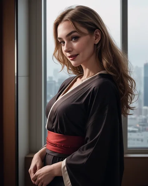 (Glamour:1.3) photo of a 20yo, (beautiful:1.2) vivacious, (Russian:1.1), Instagrammer, Oksana Ivanovna,  Round eyes, brown color, straight nose, thin lips, Square facial shape, soft jawline, high cheekbones, arched eyebrows,  (Fair skin tone, clear complexion:0.9), Short, average density, dark blonde hair, curly texture, layered cut, styled in a ponytail. , (looking at viewer), Playful expression,  (Jubilant Chuckle:1.2), loose plunging pendant necklace, wearing ( Stella McCartney Eco-Friendly Kimono, A sustainable and eco-friendly kimono, reflecting Stella McCartney's commitment to the environment, Made from organic cotton or recycled materials, the design is simple and elegant, with a focus on natural colors and a comfortable, relaxed fit, :1.2),  (hourglass figure), (realistic skin:1.2), (shiny skin:1.2),( skindentation), (sexy pose: 1.2), Contemporary Hotel bedroom, large glass windows, (Tokyo at Night:1.2), portrait, upper body shot, 3/4 view, (from below:1.2), (dynamic view:1.2), (Cinematic lighting),  Shot using a (Ricoh GR II Camera:1.3), using a (28mm f/2.8 lens:1.3), on (Fujichrome film:1.3), in the style of (W. Eugene Smith:1.3), (Rule of thirds:1.4), <lora:more_details:0.5>