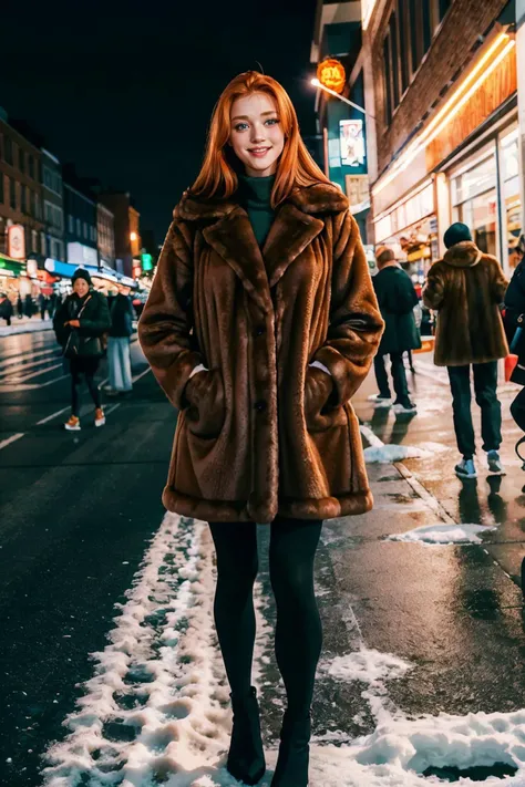 <lora:Delilah:.7>, green eyes, orange hair, wearing a m1nkc0at, fur coat, mink coat, leggings, black shoes, looking at viewer, smiling, blush, standing, full body shot, hands in pockets, outside, city, market, crowd, snow, night time, high quality, masterpiece, <lora:m1nkc0at:.6>