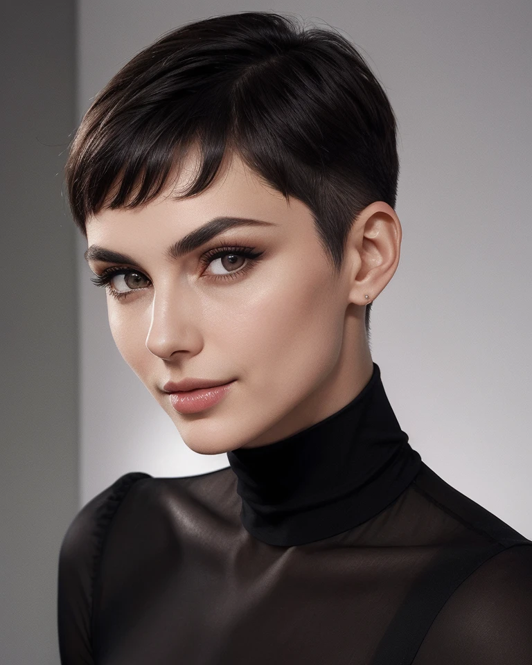 (Glamour Photo:1.3) portrait of a Eastern European woman, square face, strong jawline, prominent cheekbones, bushy arched eyebrows, deep-set grey eyes, wide straight nose, thin lips, olive skin tone, short, choppy pixie cut in jet black color
Vivacious Smile