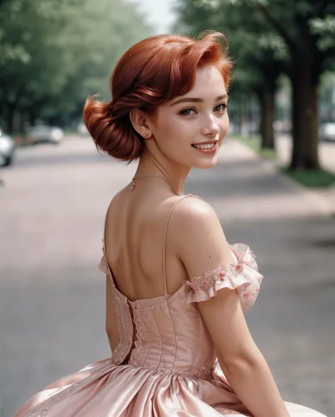 (Glamour:1.3) photo of a 20yo, beautiful winsome, demure English rose film starlet, Magda Delaney-Rhodes, solo, (Redhead), Stylish (undercut:1.3), cat eyeliner, (looking at viewer), ( Deep auburn eyes, fiery and intense, like a glowing ember, ), (Joyful Smile :1.3), (seductive:1.2), flirtatious, (mole on cheek:1.1), loose plunging pendant necklace, short Couture revealing ( A tea-length dress in blush pink taffeta, with a scoop neckline, cap sleeves, a cinched waist, and a full circle skirt adorned with delicate floral embroidery for a timeless and romantic look, :1.3), (large soft breasts:1.4), (saggy breasts), cleavage, (realistic skin:1.1), (shiny skin:1.1), skindentation, sitting, (fashionable Boutique Hotel Lobby:1.3) (close up:1.2), (shallow depth of field:1.2), Shot using a (Canon FT QL Camera:1.3), using a (50mm f/1.8 lens:1.3), on (Fujicolor Reala film:1.3), in the style of (Jacques Henri Lartigue:1.3), (Rule of thirds:1.4), <lora:more_details:0.5> epiCPhoto