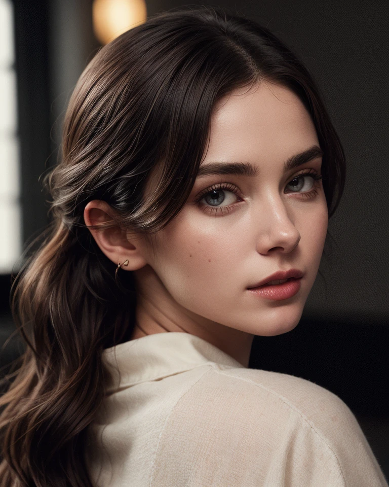 (Glamour:1.3) photo of a 20yo, (beautiful:1.2) Captivating, seductive, enigmatic, demure, (English), Film Starlet, Clementine Radcliffe-Thornton, (Almond eyes, brown color, pointed nose, wide lips,:1.1) (Oval facial shape, angular jawline, angular cheekbones, straight eyebrows), (Light skin tone, smooth complexion:1.1),(mole on cheek:1.2), Long, thin, dark brown, straight, bangs, ponytail , (looking at viewer:1.3), (Playful expression:1.3), (in love) (Happy:1.3) ( Effervescent Happiness:1.4) (flirtatious:1.2) loose plunging pendant necklace, wearing ( Loro Piana Cashmere Luxury Kimono, This kimono is crafted from Loro Piana's finest cashmere, offering unparalleled softness and warmth, The design is understated and elegant, reflecting a sense of timeless luxury, :1.2), (hourglass figure1.1),(cleavage:1.1), (realistic skin:1.2), (shiny skin:1.2),( skindentation), Contemporary Hotel bedroom, large glass windows, (Tokyo at Night:1.2), portrait, (upper body shot:1.1), (3/4 view:1.1), (eye level:1.2), (dynamic view:1.2), (Cinematic lighting:1.1), sub-surface scattering (film grain), (shallow depth of field:1.2), Shot using a (Mamiya 645 Camera:1.3), using an (80mm f/2.8 lens:1.3), on (Ilford Delta 3200 film:1.3), in the style of (W. Eugene Smith:1.3), (Rule of thirds:1.1), <lora:more_details:0.5>