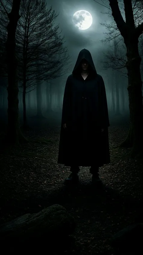 dark hooded cloak, enigmatic expression, mystical aura, twisted branches, eerie forest background, foreboding tranquility, (ancient stone altar:0.55), haunting moonlight, (stormy weather lighting:0.7)