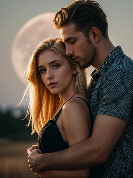 a man and a girl, she is blonde, 23 years old, long hair. He is a brutal (brunette:1.1)(short hair:1.3), 34 years old, hugs, (moon:1.1), , (4k, RAW photo, best quality, depth of field, ultra high res:1.1)