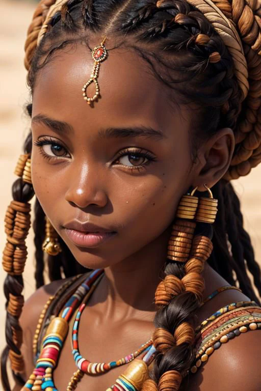 Close-up, Beautiful African girl 18
y. o. from the Himba tribe. Small braids around the head, jewelry made of small beads and copper details, authentic clothing fabric, pronounced natural texture of the facial skin, high-quality photo by National Geographic