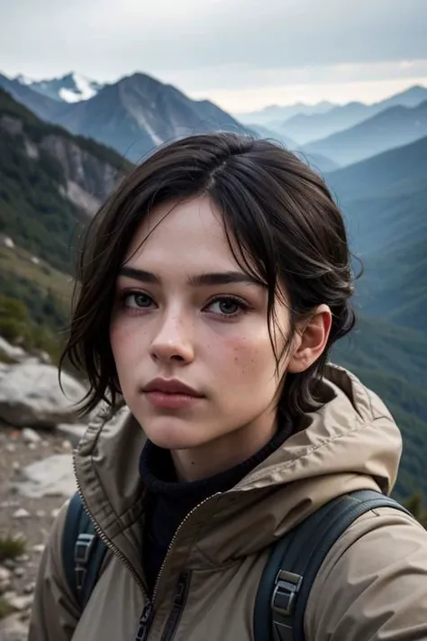 hyperrealistic portrait of a beautiful woman as a rugged female hiker, at the summit of a mountain, surrounded by majestic landscape, skin pores, pores, short hair, detailed background