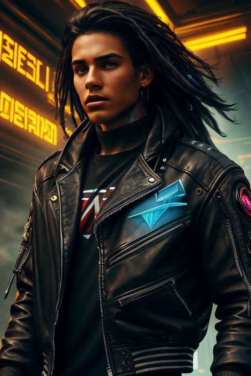 art by Jordan Grimmer, Asher Brown Durand and Ryan Dening, 8k, artstation, beautiful color pallette, native american, ager, male, black leather jacket, black hair, long hair, cyberpunk, 2077,