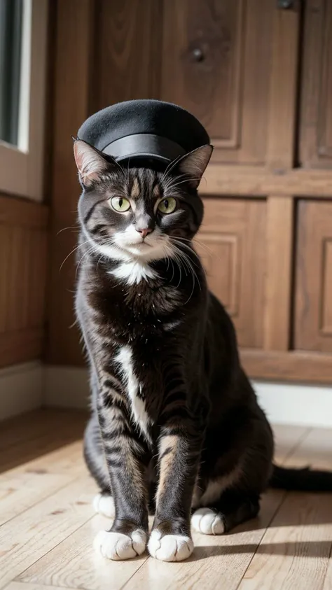 a photo of the most handsome cat, with a hat, his name is jack, stylish