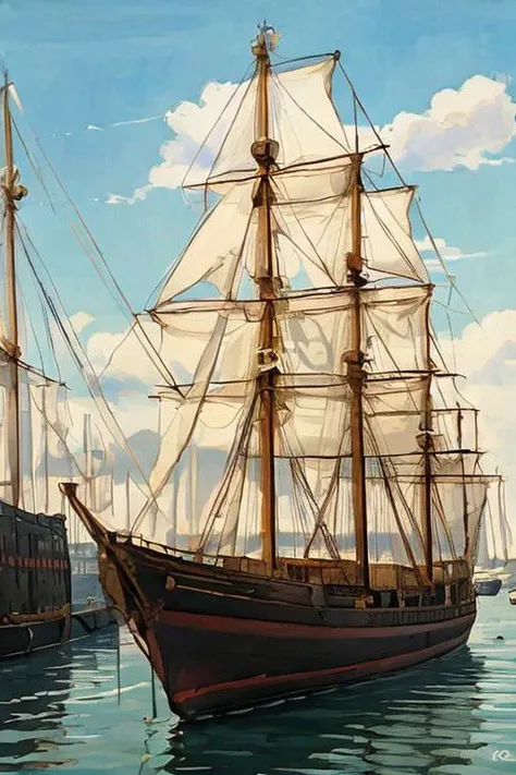 a three-masted ship enters the harbour,  imperial style, realism, (realistic hands:1.2), wide angle, shadows