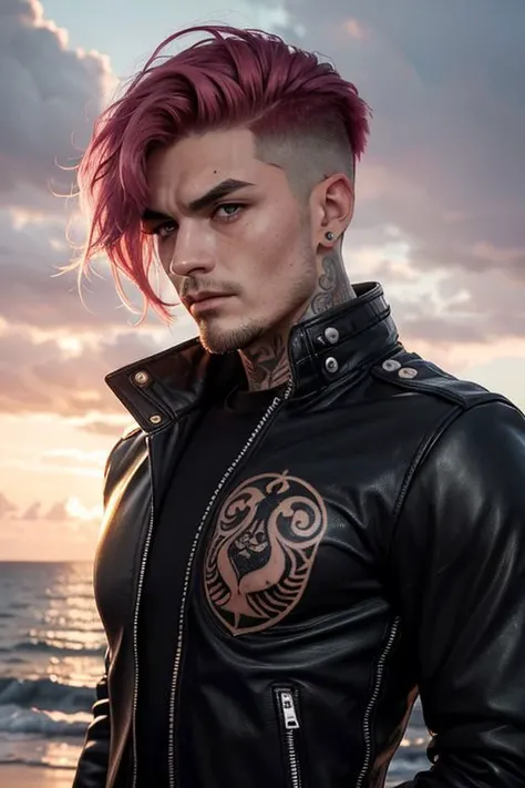 in a raging stormy sea with huge high waves, a small island with a lighthouse. against the backdrop of the lighthouse stands an informal guy in a black leather biker jacket with long sleeves. guy with tattoos and pissing. The guy has an undercut haircut. pink hair. The guy looks thoughtfully at the lighthouse. guy's face close-up focus on face. The guy has a tattoo on his chest that says "AHTOH"