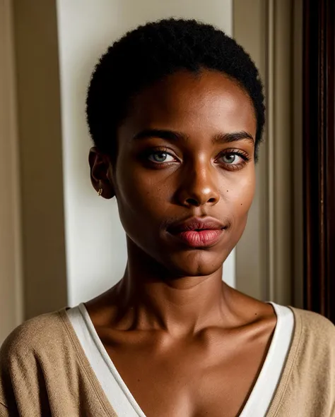 an eye contact of Angolan woman, 20yo, Sympathy, Sleepy eyes, Chocolate Delight lipstick, (Symmetrical face:0.6), (Chestnut Blonde haircolor, Tapered Cut haircut:0.6), Ivory toned skin, (radiant god rays:0.8), (shot on Canon EOS 5D:0.95), <lora:add_detail:0.7>
