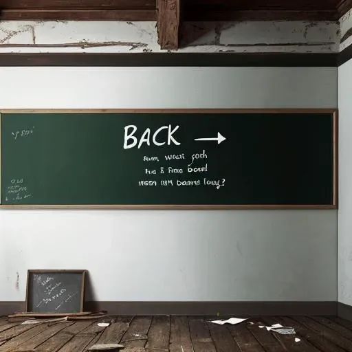 an abandoned room,an old school blackboard on which is written in big letter in white chalk: "back", left is a sign with an arrow,