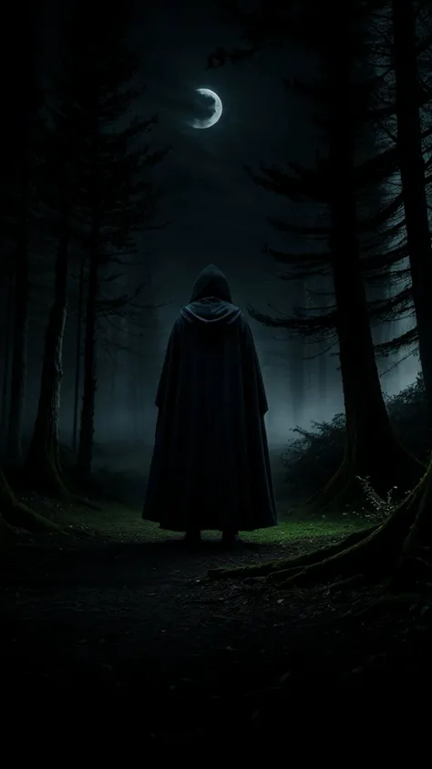 dark hooded cloak, enigmatic expression, mystical aura, twisted branches, eerie forest background, foreboding tranquility, (ancient stone altar:0.55), haunting moonlight, (stormy weather lighting:0.7)