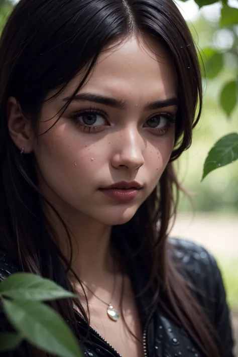 masterpiece, best quality, highres, breathtaking portrait, [1girl:nature:10], latina, peeking, leafs, raindrops, wet, highly detailed, sharp focus, ultra sharpness, high contrast, dramatic shadows, mysterious, cinematic