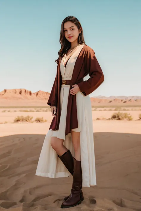 (ultra realistic,32k,RAW photo:1.1),(high detailed skin:1.1), 8k uhd, dslr, high quality, solo, flirty pose, smiling, charismatic, full body, looking at viewer, perky breasts, cosmic background, Rich details, a photograph of (1girl, 21 years old, slight smile), <lora:ZH_ORodrigo_v1SD15:1>, zh_orodrigo in a jedioutfit, solo, realistic, brown eyes, black hair, looking at viewer, hyper realistic, in desert, cosmic background, daylight, two moons in background, , RAW photo, 8k uhd, dslr, soft lighting, high quality, film grain, Fujifilm XT3,8k HD high definition detailed realistic, hyper detailed,higly detailed face, portrait photography,