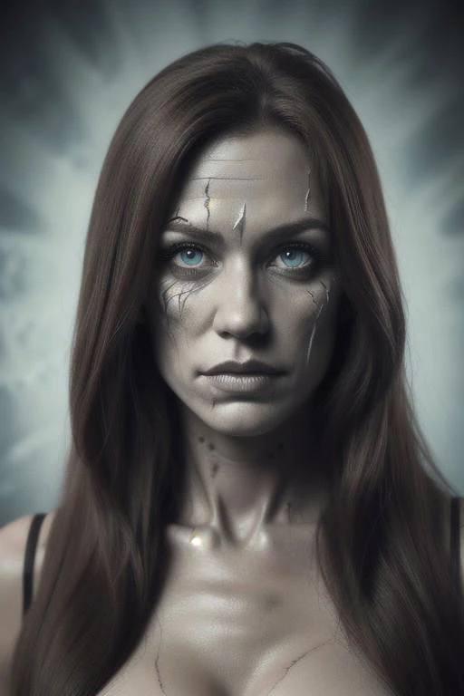 nv_frankensteintech, retro style , cowboy shot, artificial humanoid with young beautiful female appearance, (skin_stitches_scars), (high_detail intricate), icy_eyes,long straight hair, ominous,