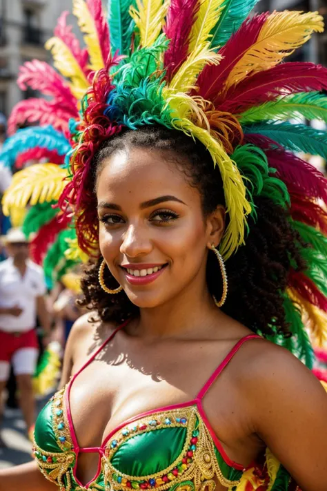 8k (full portrait), intricate, elegant, highly detailed, majestic, digital photography, a spirited Brazilian carnival dancer, joyful expression, curly hair, wearing elaborate costume, vibrant parade, samba dancers in the background, bright colors, celebratory atmosphere, street photography style, (carnival:1.1), (sfw:0.9), highly detailed photography, (vivid colors, dynamic, festive tones:1.2), vibrant, insanely detailed, hyperdetailed, (midday light:1.2), (vsco:0.3)