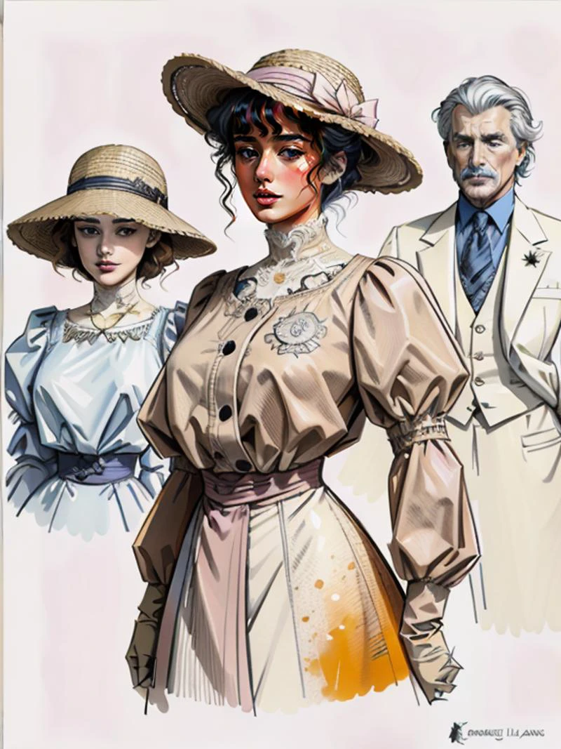 solo, StacyHiggins in a1905_dr3ss, and hat, massive breasts, small waist, (Lineart, flat colors :1.3)<lora:1905_dress_v1:1> line art, (flat colors), round ass, masterpiece, high quality, 8k, best_quality, <lora:NotmegGlam:1> Lineart, flat colors <lora:lineart2:0.5> <lora:cdg_v3:0.5> drawing by g1bs0n