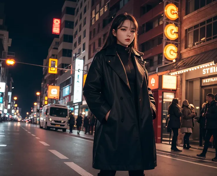 1 girl, iu1, gldot, best quality, high resolution, distinct image, light layer, lustrous skin (mature female:1.1),night, neon lights, long coat, uniforms, boots, suitecase