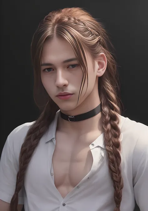 21yo man, braid, choker, hyperrealistic, high detailed skin, 8k uhd, dslr, soft lighting, high quality, film grain, Fujifilm XT3, HD, Sharp