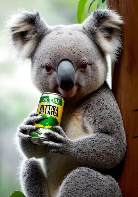 a koala drinking a can of (victoria bitter|VB) beer, wide angle, hyperrealistic, 8k uhd, dslr, soft lighting, high quality, film grain, Fujifilm XT3, HD, Sharp