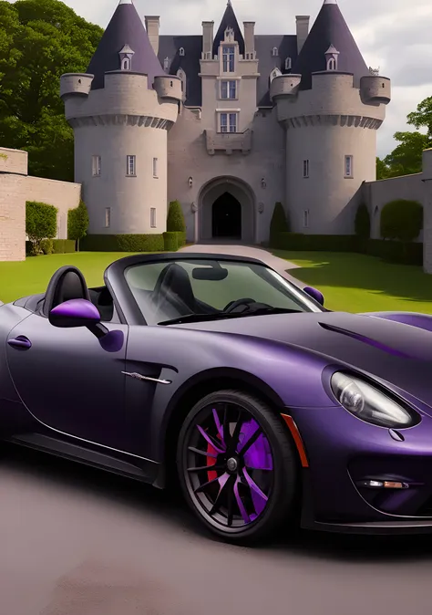 black-purple sportscar on the driveway of a castle, wide angle, hyperrealistic, 8k uhd, dslr, soft lighting, high quality, film grain, Fujifilm XT3, HD, Sharp