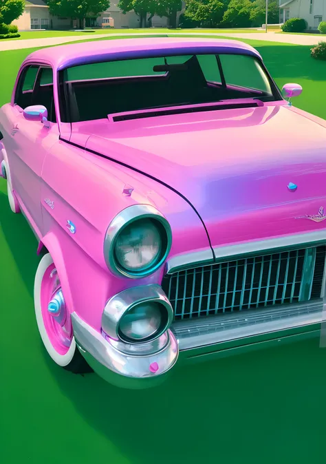 cyan-pink lowrider parked on the grass in an American suburb, intricate details, pearlescent paint job, wide angle, hyperrealistic, 8k uhd, dslr, soft lighting, high quality, film grain, Fujifilm XT3, HD, Sharp