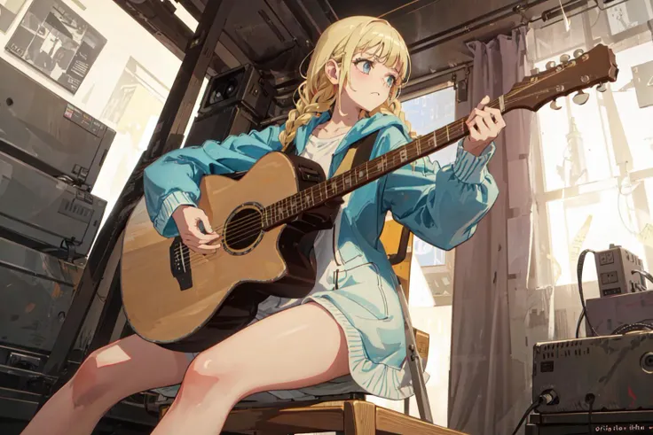 masterpiece, best quality, 1girl, solo, playing guitar, <lora:tsukimiEikoYaBoyKongming_v10: 0.7>