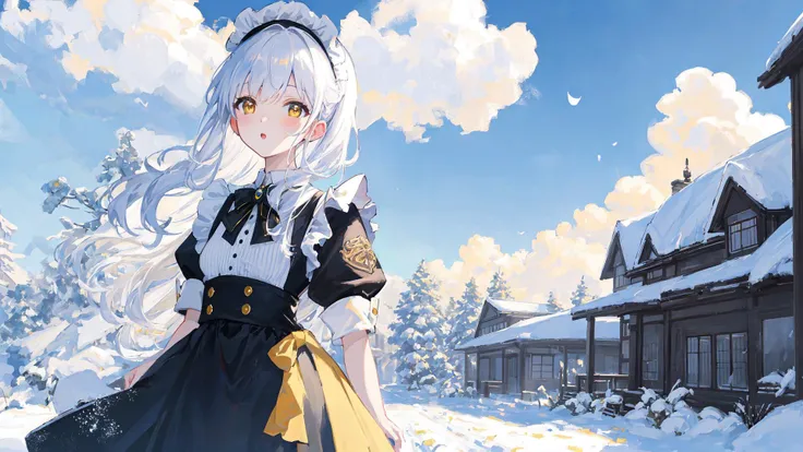masterpiece,best quality,official art,extremely detailed CG unity 8k wallpaper,illustration,Wide shot,Blue sky, white clouds,(snow:1.1), bright, solo, 1Girl, bishojo, white hair, Yellow eyes,wa maid,