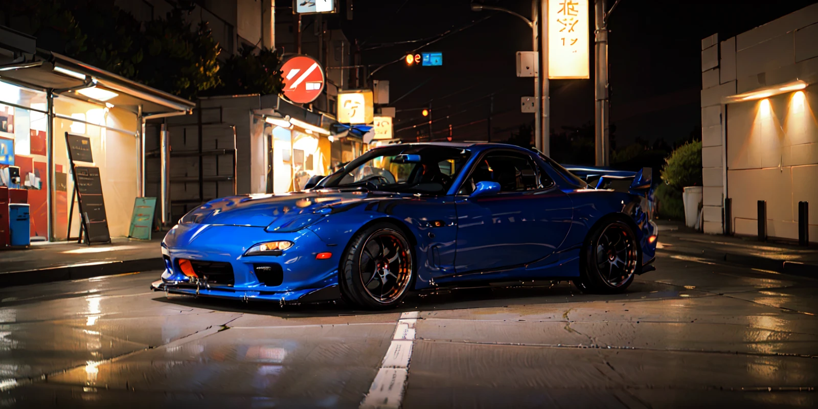 masterpiece,best quality,official art,extremely detailed CG unity 8k wallpaper,illustration, light,car, bright, motor vehicle, ground vehicle, sports car, vehicle focus, road, need for speed, moving, wet, (night, midnight:1.5), cyberpunk, tokyo,neon lights,drift, <lora:FD3S-000008:0.9>