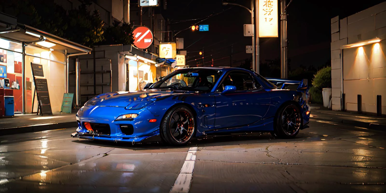 masterpiece,best quality,official art,extremely detailed CG unity 8k wallpaper,illustration, light,car, bright, motor vehicle, ground vehicle, sports car, vehicle focus, road, need for speed, moving, wet, (night, midnight:1.5), cyberpunk, tokyo,neon lights,drift, <lora:FD3S-000008:0.9>