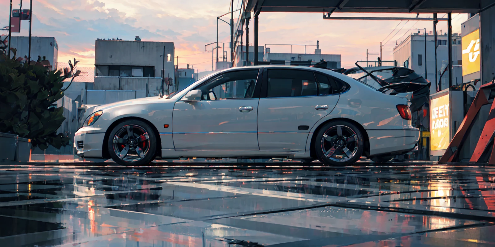 masterpiece,best quality,official art,extremely detailed CG unity 8k wallpaper,illustration,day, cloudy, sky, beautiful detailed sky, light,car, (car), motor vehicle, ground vehicle, sports car, vehicle focus, road, need for speed, moving, wet, night, midnight , cyberpunk, tokyo,neon lights, <lora:AristoV300-000008:0.9>