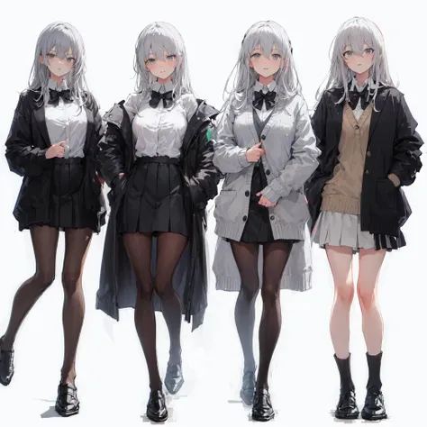 [(white background:1.4):: 6], (tachi-e), (illustration:1.1), (best quality), (masterpiece), 1girl, finely detailed, highres, silver hair, long hair, hair between eyes, grey eyes, open cardigan, (white cardigan), black miniskirt, pleated skirt, (black pantyhose), black loafer, black bowtie, looking at viewer, street, city, detailed round background, full body,