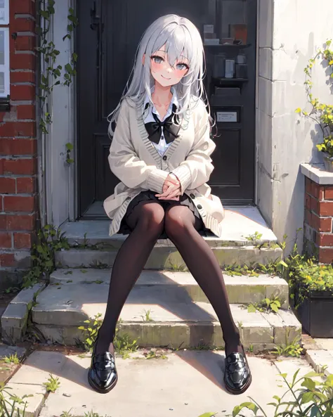 (best quality), (masterpiece), 1girl, finely detailed, highres, silver hair, long hair, hair between eyes, grey eyes, open cardigan, (white cardigan), black miniskirt, pleated skirt, (black pantyhose), black loafer, sitting, looking at viewer, smile, black bowtie