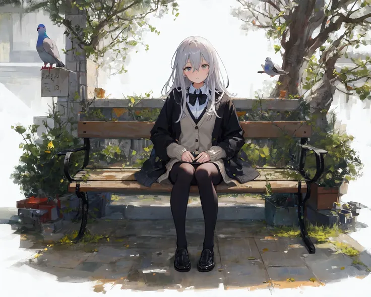 [(white background:1.4):: 5], tachi-e, (illustration:1.1), (best quality), (masterpiece), 1girl, finely detailed, highres, silver hair, long hair, hair between eyes, grey eyes, open cardigan, (white cardigan), black miniskirt, pleated skirt, (black pantyhose), black loafer, black bowtie, looking at viewer, sitting, bench, street, city, detailed round background, pigeon, fountain,