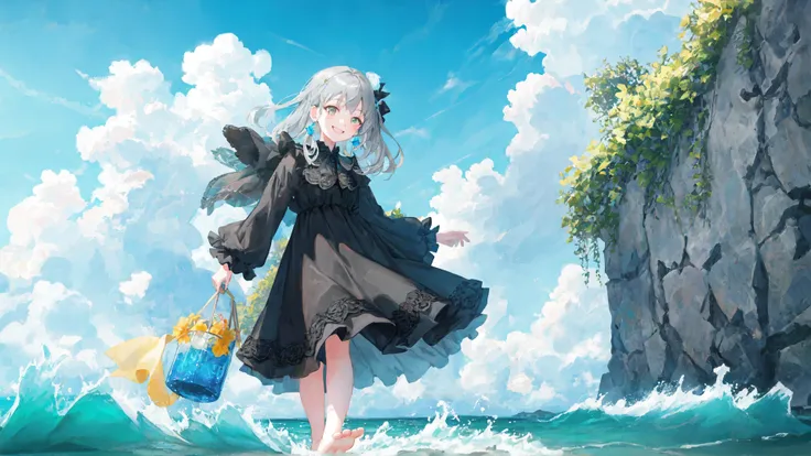 masterpiece,best quality,official art,extremely detailed CG unity 8k wallpaper,illustration,Blue sky, green water, colorful clouds,, bright, 1Girl, gray hair, amber eyes, smile, black dress, barefoot, turning around,