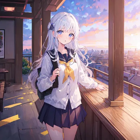 ((masterpiece,best quality,official art,extremely detailed CG unity 8k wallpaper)),illustration,landscape,solo,1girl,bishojo,beautiful detailed eyes,Student uniforms,