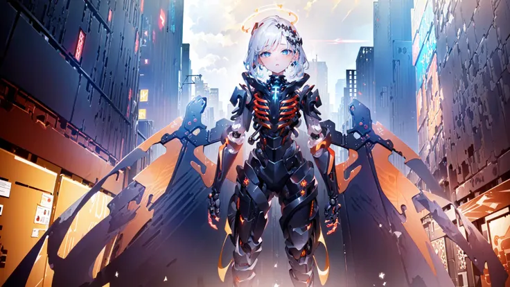 (masterpiece,best quality,official art,extremely detailed CG unity 8k wallpaper:1.8),(city,exoskeleton,1girl,bishojo,Red halo:1.6)