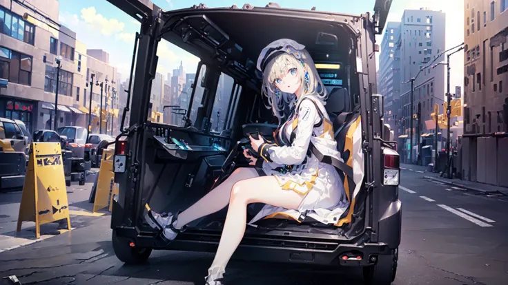 (masterpiece,best quality,official art,extremely detailed CG unity 8k wallpaper:1.8),(city,vehicle,1girl,bishojo:1.6)