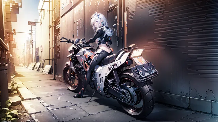 (masterpiece,best quality,official art,extremely detailed CG unity 8k wallpaper:1.8), city, motorcycle, bishojo