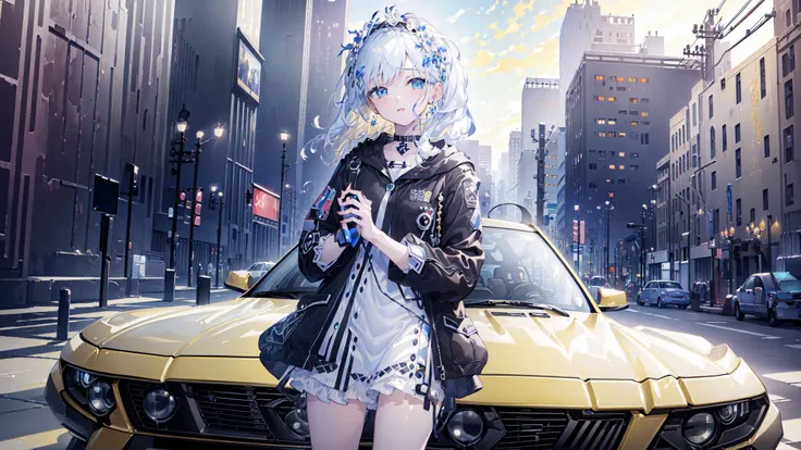 (masterpiece,best quality,official art,extremely detailed CG unity 8k wallpaper:1.8),(city,car,1girl,bishojo:1.6)