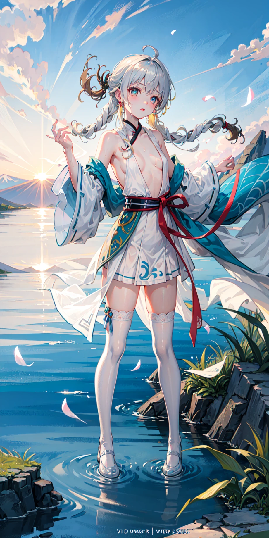 [(white background:1.2)::5],Dynamic angle,[Bottle bottom],upperbody,(falt color:1.3),(full body:1.2),(look at the viwer:1.8),colorful,(floating colorful wind),(Highest picture quality),(Master's work), (Detailed eye description),(imid shot,macro shot:1.25),(8K wallpaper),(Detailed face description),depth of field,(lens flare),floating colorful water,(floating colorful mount fuji:1.3),floating rain,stream,wilderness,small dust, ((breeze)), (wind),summer,sunset,(blurry background), road by the sea,Mountains and forests,water,wading,partially_submerged,(Strong sunlight:1.2),(Altocumulus:1.2),bird, butterfly, falling petals,(close-up:1.2),(fisheye:0.8),1girl, dark hair, eyes,detailed beautiful eyes, earings,((blonde twin braids)), (intricate clothes:1.3),(flat chest:1.2),short skirt, ruqun,bare shoulders,(short dress),(satin,plunging_neckline,no_bra,sleeveless,translucent,((white stockings)),wet clothes, silver_footwear,ruqun,hanfu:1.5),(see_through:1.1),collarbone,pointy ears, red eyes,(from above:1.3),