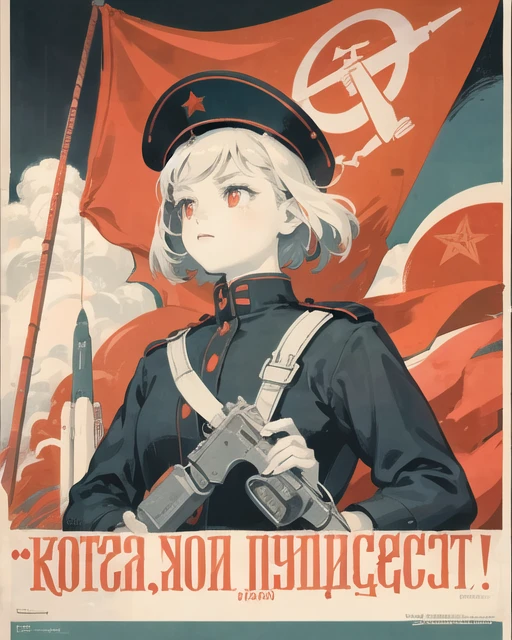 CCCPposter, sovietposter,red monochrome,soviet poster, soviet, 1girl, calling, upper_body,
flag, rocket, airplane, sky