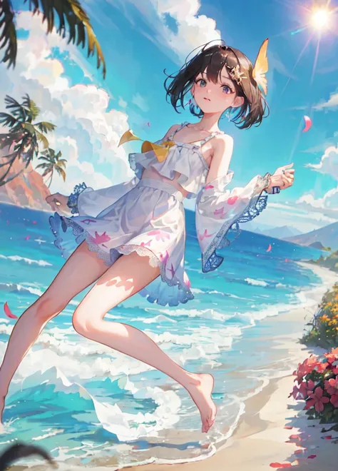 Dynamic angle,upperbody, (falt color:1.3),(full body:1.2),(look at the viwer:1.8),colorful,(floating colorful wind),(Highest picture quality),(Master's work), (Detailed eye description),(macro shot:1.25),(8K wallpaper),(Detailed face description),depth of field,(lens flare),floating colorful water,floating rain,stream,wilderness,small dust, ((breeze)), (floating wind),summer,sunset, horizon,(blurry background), road by the sea,Mountains and forests,water,wading,partially_submerged,(Strong sunlight:1.2),(Altocumulus:1.2),bird, butterfly, falling petals,(close-up:1.2),(fisheye:1),1girl, dark hair, eyes,detailed beautiful eyes, earings, (intricate clothes:1.3),(flat chest:1.2),short skirt, ruqun,bare shoulders,(short dress),(from above:1.3),full body,