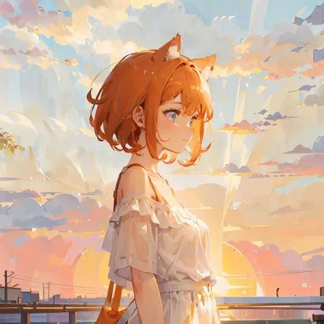 masterpiece, best quality,
1girl,
short hair, brown hair AND orange hair, cat ear,
(medium breast:1.2), small shoulder,
oversized shirt,
<lora:howlsMovingCastleInterior_v3:0.4>, evening, orange sky, sunset,