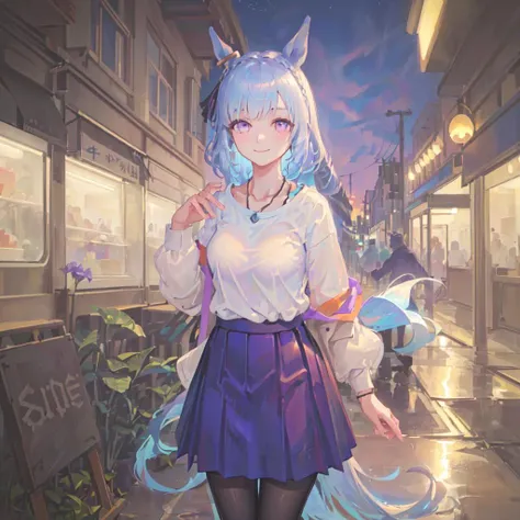 SFW, cityscape, city lights, skyline, outdoors, night
mejiro_ardan_CA, 1girl, (solo), horse_ear, horse_tail, smile
(long_light_blue_hair), purple_eyes, hair ornament, collarbone, purple_jewlery_necklace, pantyhose, purple_skirt, white_shirt
