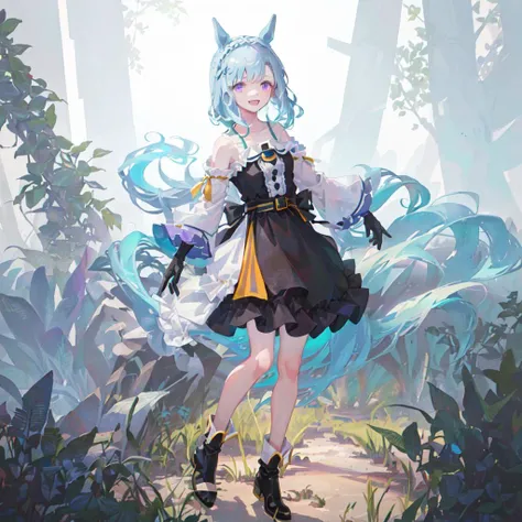 SFW, grassland
mejiro_ardan_SF, 1girl, (solo), horse_ear, horse_tail, finger_to_mouth,light_smile
(long_light_blue_hair:1.1), purple_eyes, hair ornament, collarbone, detached_sleeves, green_and_white_asymmetrical_boots, black_and_whtie_asymmetrical_dress, black_and_whtie_asymmetrical_gloves, green_and_white_asymmetrical_boots