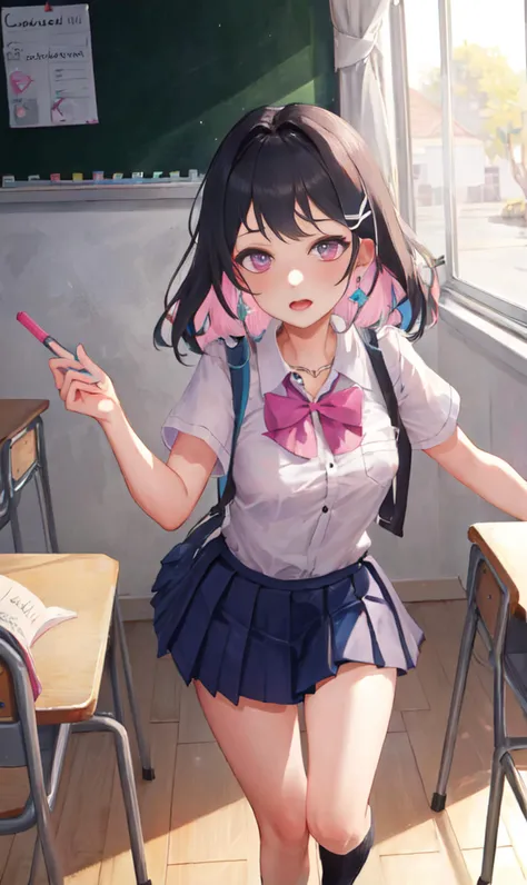 1girl, classroom, heavy breathing, open mouth, reaching, school uniform,
azur hair, pink inner hair, <lora:colored_inner_hair_lora_64_128_nai:1>