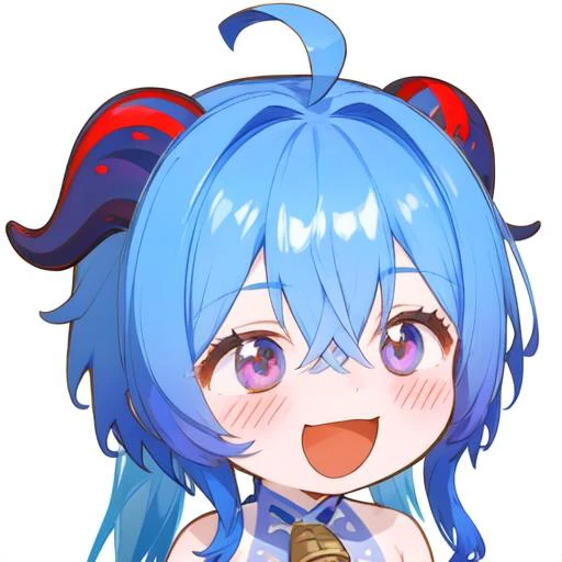 <lora:Ath_smile:1>,smile,1girl,solo,ganyu \(genshin impact\),horns,blue hair,white background,chibi,open mouth,blush,bell,bangs,simple background,ahoge,multicolored eyes,neck bell,sidelocks,long hair,purple eyes,portrait,bare shoulders,:d,hair between eyes,