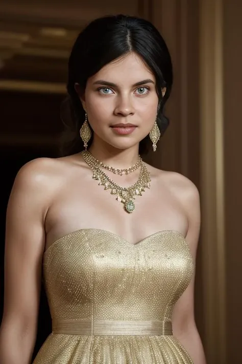 zu13ikha, wearing strapless evening gown, necklace, earrings, (high fashion:1.1), indoors, museum, <lora:Zuleikha_Robinson_PMv1_Lora:1.3>,, RAW candid cinema, 16mm, color graded portra 400 film, remarkable color, ultra realistic, textured skin, remarkable detailed pupils, realistic dull skin noise, visible skin detail, skin fuzz, dry skin, shot with cinematic camera, detailed skin texture, (blush:0.5), (goosebumps:0.5), subsurface scattering, ((Full-Body Shot))